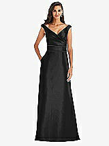 Front View Thumbnail - Black & Black Off-the-Shoulder Draped Wrap Satin Maxi Dress