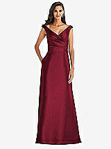 Front View Thumbnail - Burgundy & Burgundy Off-the-Shoulder Draped Wrap Satin Maxi Dress