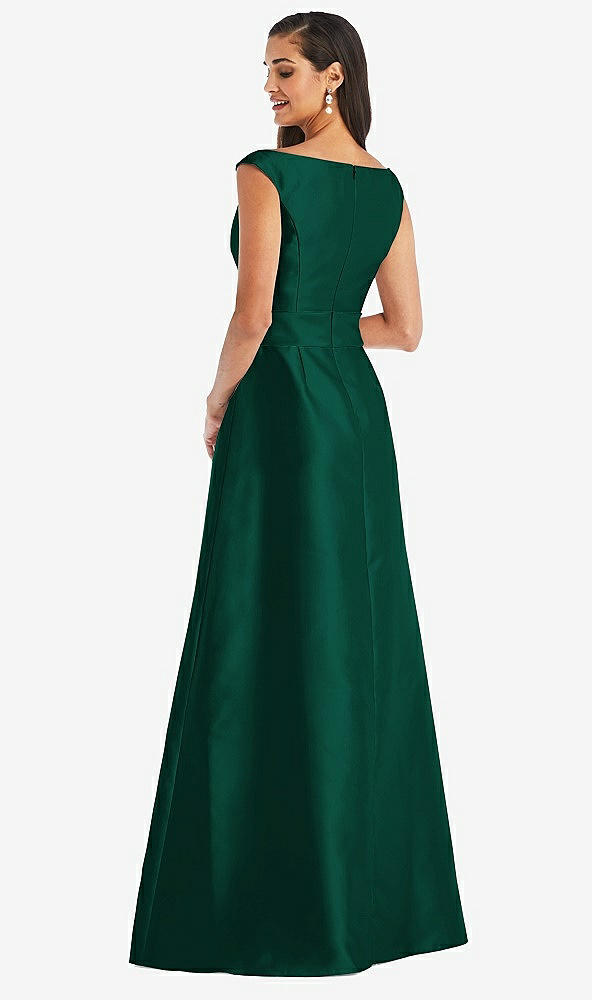 Back View - Hunter Green & Hunter Green Off-the-Shoulder Draped Wrap Satin Maxi Dress