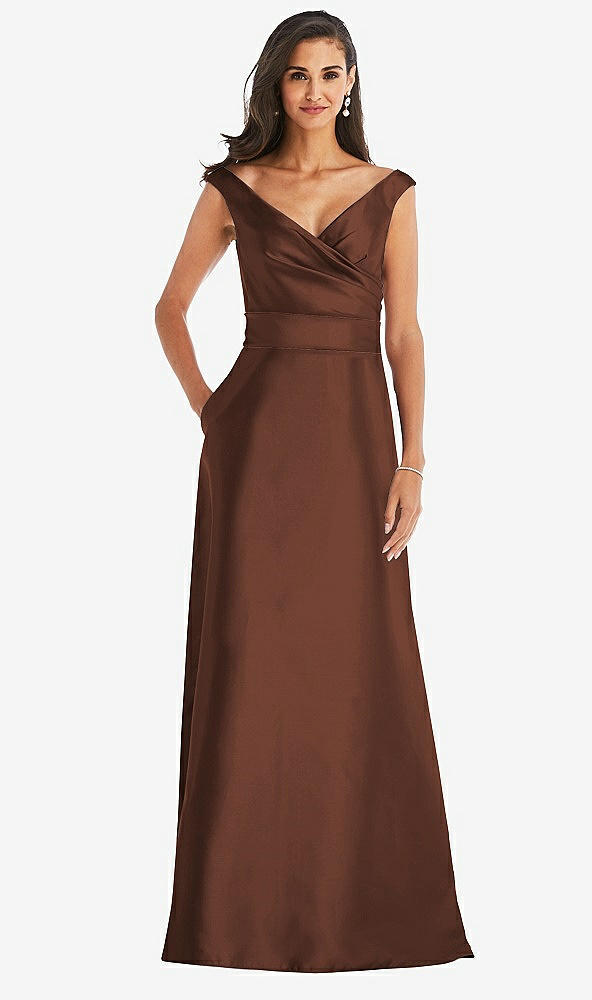 Front View - Cognac & Cognac Off-the-Shoulder Draped Wrap Satin Maxi Dress