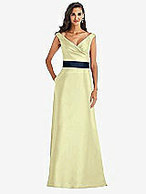 Front View Thumbnail - Butter Yellow & Midnight Navy Off-the-Shoulder Draped Wrap Satin Maxi Dress