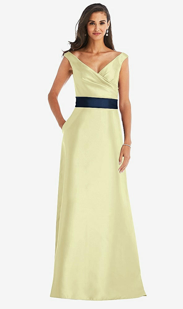 Front View - Butter Yellow & Midnight Navy Off-the-Shoulder Draped Wrap Satin Maxi Dress