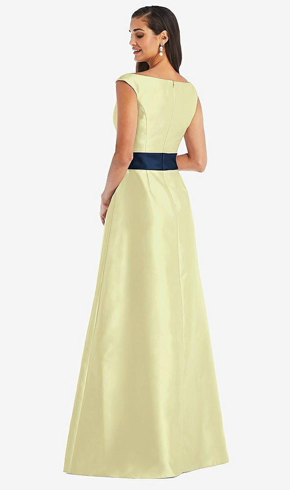 Back View - Butter Yellow & Midnight Navy Off-the-Shoulder Draped Wrap Satin Maxi Dress