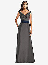 Front View Thumbnail - Caviar Gray & Midnight Navy Off-the-Shoulder Draped Wrap Satin Maxi Dress