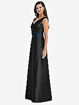 Side View Thumbnail - Black & Midnight Navy Off-the-Shoulder Draped Wrap Satin Maxi Dress