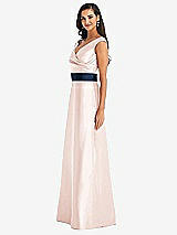 Side View Thumbnail - Blush & Midnight Navy Off-the-Shoulder Draped Wrap Satin Maxi Dress