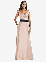 Front View Thumbnail - Cameo & Midnight Navy Off-the-Shoulder Draped Wrap Satin Maxi Dress