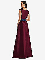 Rear View Thumbnail - Cabernet & Midnight Navy Off-the-Shoulder Draped Wrap Satin Maxi Dress