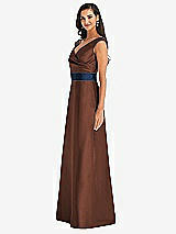 Side View Thumbnail - Cognac & Midnight Navy Off-the-Shoulder Draped Wrap Satin Maxi Dress