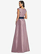 Rear View Thumbnail - Dusty Rose & Midnight Navy Off-the-Shoulder Draped Wrap Satin Maxi Dress