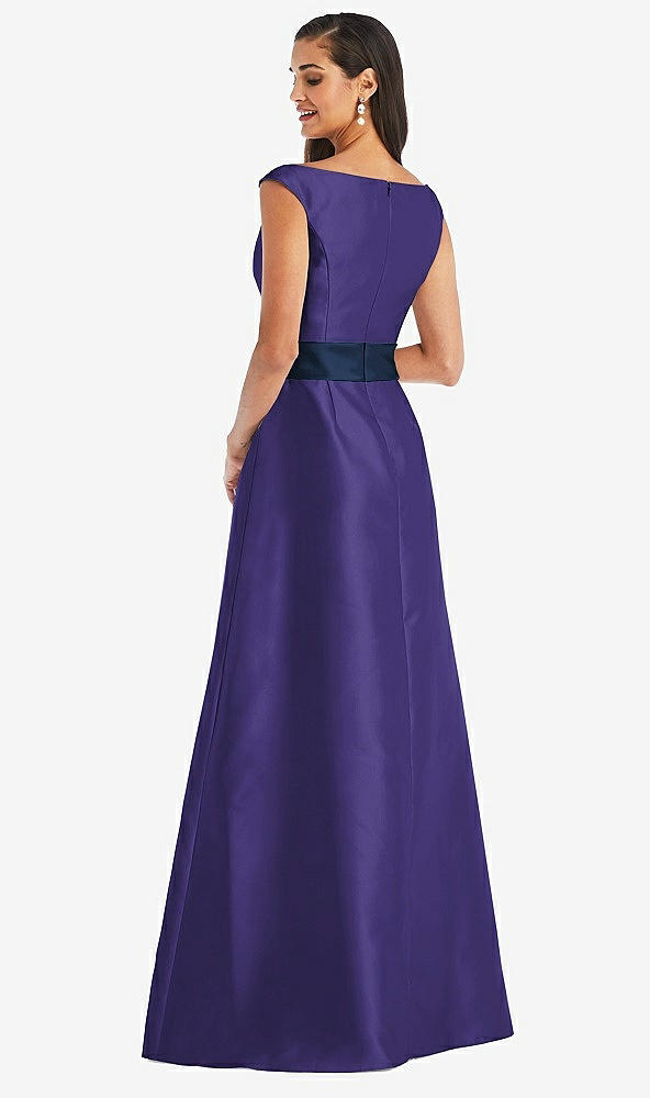 Back View - Grape & Midnight Navy Off-the-Shoulder Draped Wrap Satin Maxi Dress