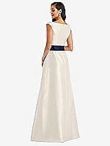 Rear View Thumbnail - Ivory & Midnight Navy Off-the-Shoulder Draped Wrap Satin Maxi Dress