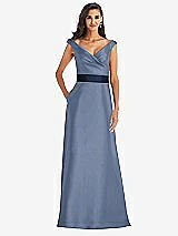 Front View Thumbnail - Larkspur Blue & Midnight Navy Off-the-Shoulder Draped Wrap Satin Maxi Dress