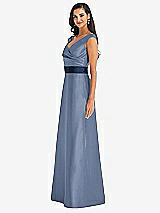 Side View Thumbnail - Larkspur Blue & Midnight Navy Off-the-Shoulder Draped Wrap Satin Maxi Dress