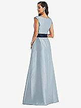 Rear View Thumbnail - Mist & Midnight Navy Off-the-Shoulder Draped Wrap Satin Maxi Dress