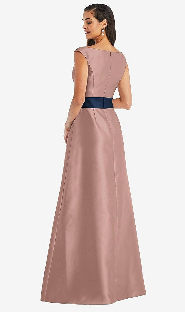 Back View - Neu Nude & Midnight Navy Off-the-Shoulder Draped Wrap Satin Maxi Dress