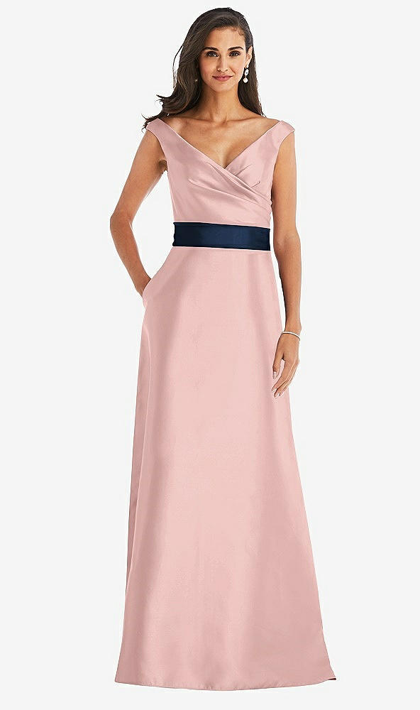 Front View - Rose - PANTONE Rose Quartz & Midnight Navy Off-the-Shoulder Draped Wrap Satin Maxi Dress