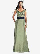 Front View Thumbnail - Sage & Midnight Navy Off-the-Shoulder Draped Wrap Satin Maxi Dress