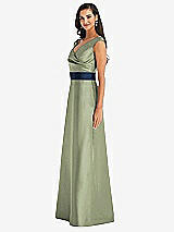 Side View Thumbnail - Sage & Midnight Navy Off-the-Shoulder Draped Wrap Satin Maxi Dress