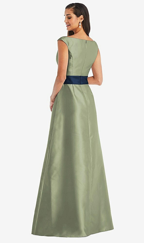 Back View - Sage & Midnight Navy Off-the-Shoulder Draped Wrap Satin Maxi Dress