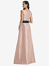 Rear View Thumbnail - Toasted Sugar & Midnight Navy Off-the-Shoulder Draped Wrap Satin Maxi Dress