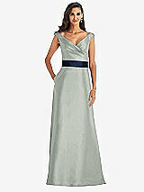 Front View Thumbnail - Willow Green & Midnight Navy Off-the-Shoulder Draped Wrap Satin Maxi Dress