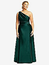 Front View Thumbnail - Evergreen & Evergreen Draped One-Shoulder Satin Maxi Dress with Pockets