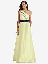 Alt View 1 Thumbnail - Butter Yellow & Midnight Navy Draped One-Shoulder Satin Maxi Dress with Pockets