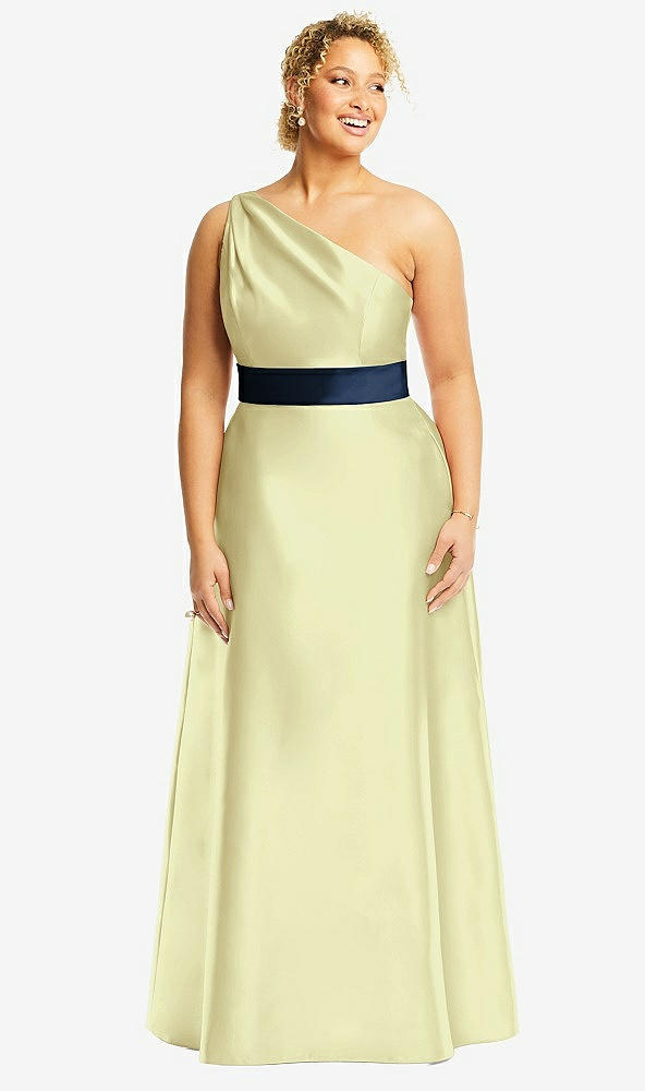 Front View - Butter Yellow & Midnight Navy Draped One-Shoulder Satin Maxi Dress with Pockets