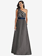 Alt View 1 Thumbnail - Caviar Gray & Midnight Navy Draped One-Shoulder Satin Maxi Dress with Pockets