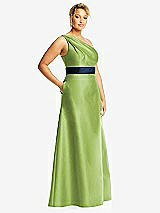 Side View Thumbnail - Mojito & Midnight Navy Draped One-Shoulder Satin Maxi Dress with Pockets