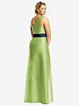 Rear View Thumbnail - Mojito & Midnight Navy Draped One-Shoulder Satin Maxi Dress with Pockets