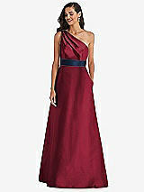 Alt View 1 Thumbnail - Burgundy & Midnight Navy Draped One-Shoulder Satin Maxi Dress with Pockets