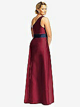 Rear View Thumbnail - Burgundy & Midnight Navy Draped One-Shoulder Satin Maxi Dress with Pockets