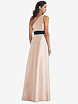 Alt View 3 Thumbnail - Cameo & Midnight Navy Draped One-Shoulder Satin Maxi Dress with Pockets