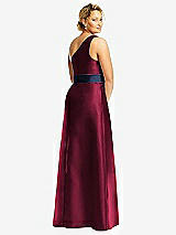 Rear View Thumbnail - Cabernet & Midnight Navy Draped One-Shoulder Satin Maxi Dress with Pockets