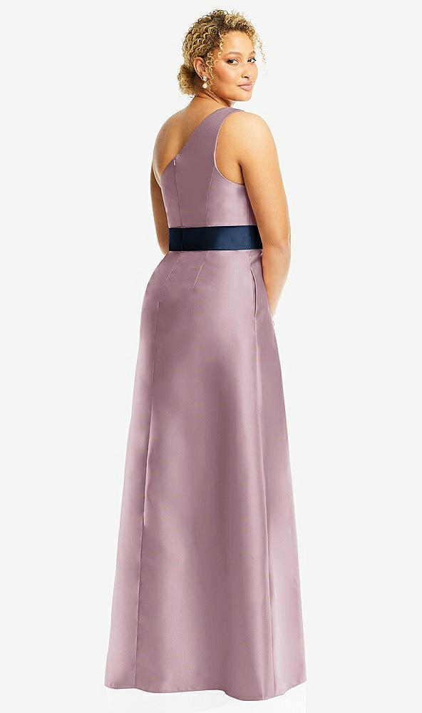 Back View - Dusty Rose & Midnight Navy Draped One-Shoulder Satin Maxi Dress with Pockets