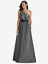 Alt View 1 Thumbnail - Gunmetal & Midnight Navy Draped One-Shoulder Satin Maxi Dress with Pockets