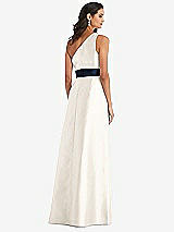 Alt View 3 Thumbnail - Ivory & Midnight Navy Draped One-Shoulder Satin Maxi Dress with Pockets