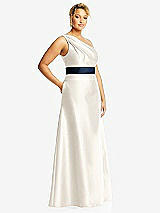 Side View Thumbnail - Ivory & Midnight Navy Draped One-Shoulder Satin Maxi Dress with Pockets