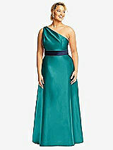 Front View Thumbnail - Jade & Midnight Navy Draped One-Shoulder Satin Maxi Dress with Pockets