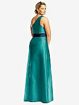 Rear View Thumbnail - Jade & Midnight Navy Draped One-Shoulder Satin Maxi Dress with Pockets