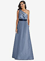 Alt View 1 Thumbnail - Larkspur Blue & Midnight Navy Draped One-Shoulder Satin Maxi Dress with Pockets