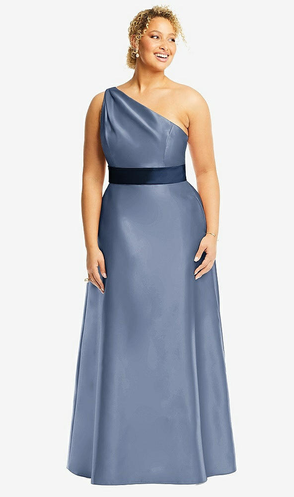 Front View - Larkspur Blue & Midnight Navy Draped One-Shoulder Satin Maxi Dress with Pockets