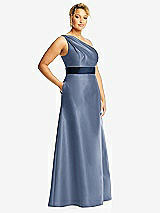 Side View Thumbnail - Larkspur Blue & Midnight Navy Draped One-Shoulder Satin Maxi Dress with Pockets