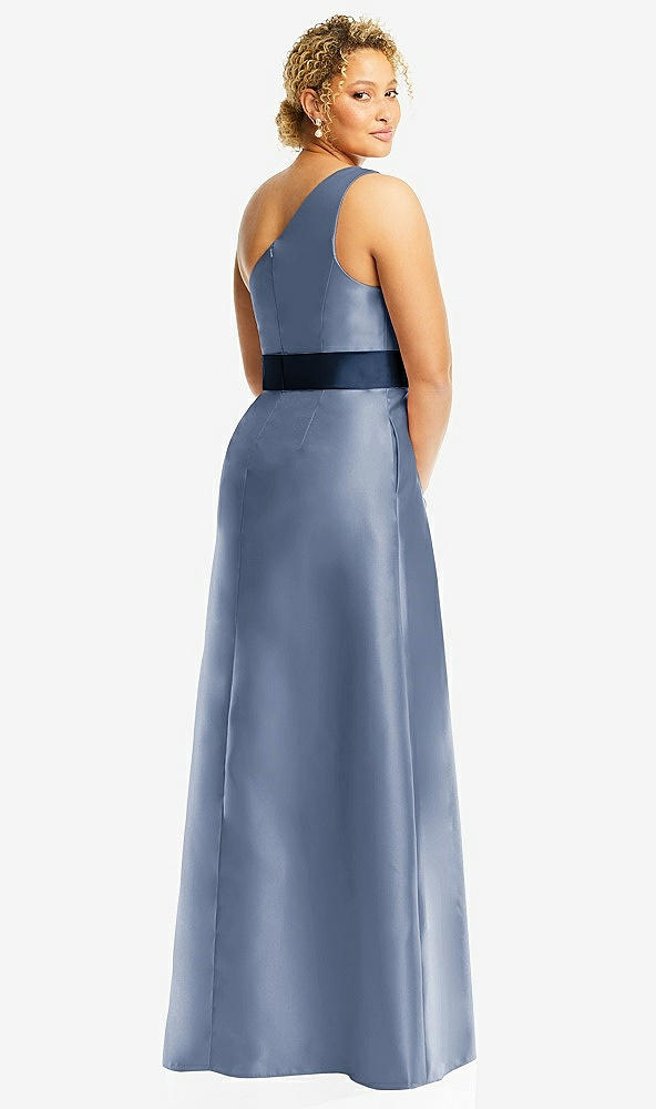 Back View - Larkspur Blue & Midnight Navy Draped One-Shoulder Satin Maxi Dress with Pockets