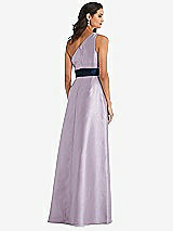 Alt View 3 Thumbnail - Lilac Haze & Midnight Navy Draped One-Shoulder Satin Maxi Dress with Pockets