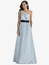 Alt View 1 Thumbnail - Mist & Midnight Navy Draped One-Shoulder Satin Maxi Dress with Pockets