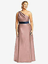 Front View Thumbnail - Neu Nude & Midnight Navy Draped One-Shoulder Satin Maxi Dress with Pockets