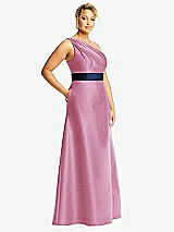 Side View Thumbnail - Powder Pink & Midnight Navy Draped One-Shoulder Satin Maxi Dress with Pockets